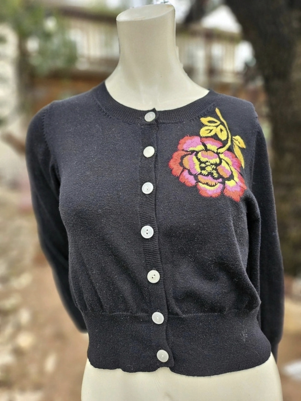 Ive Jane Floral Embroidered Cardigan in Black & Pink Size Medium